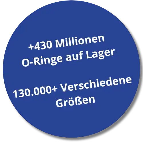 Blaues Etikett mit dem Text "+430 Millionen O-Ringe auf Lager, 130.000+ Verschiedene Größen.